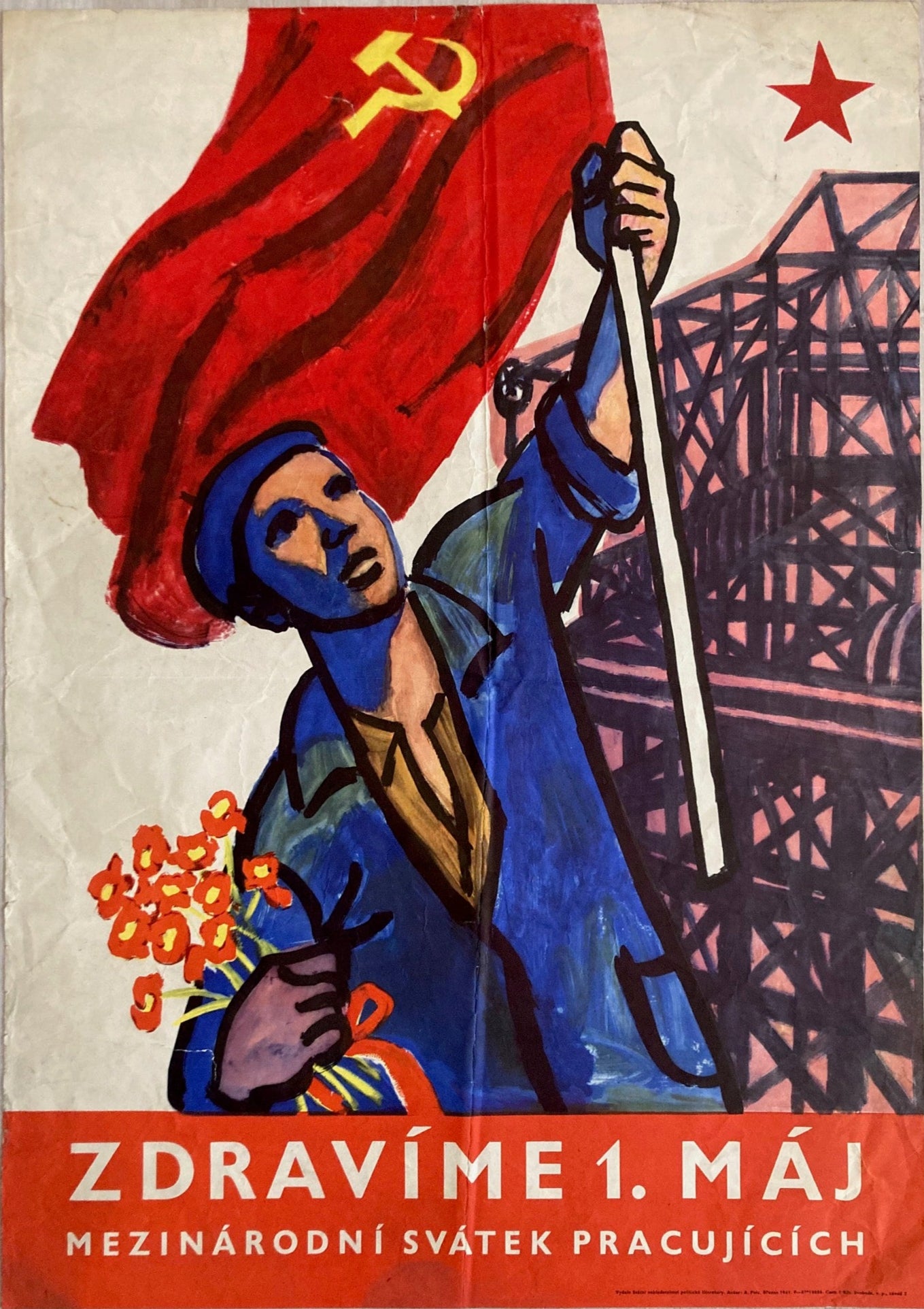 A vintage poster featuring a person with a red flag and the date 1 May, with a background that includes a bridge and flowers.