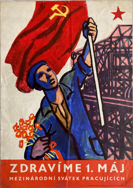 A vintage poster featuring a person with a red flag and the date 1 May, with a background that includes a bridge and flowers.
