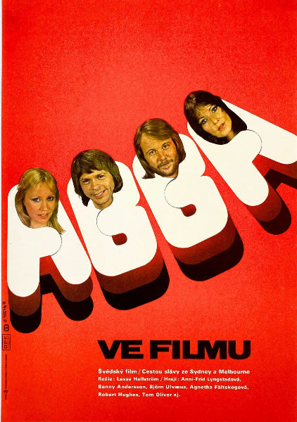 Vintage movie poster with four iABBA members in white letters on a red background