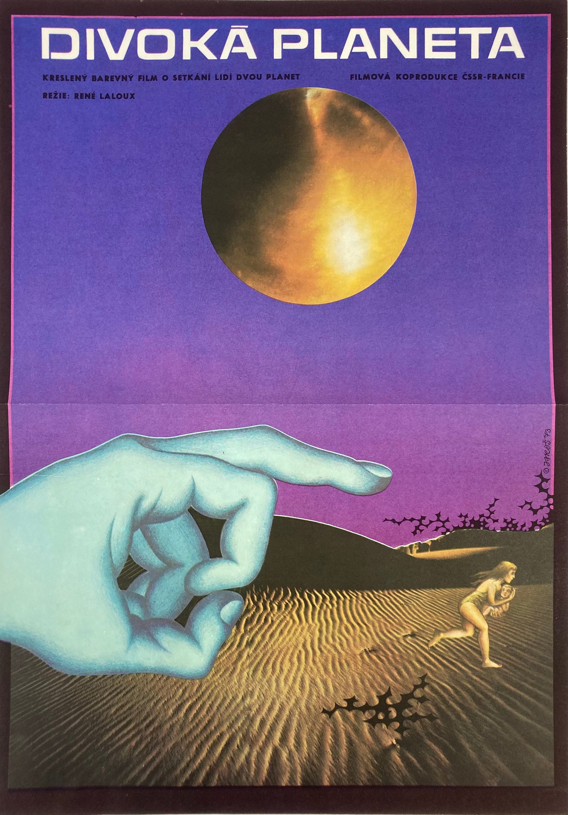 Vintage movie poster for 'Divoka Planeta' with a hand pointing to a planet.