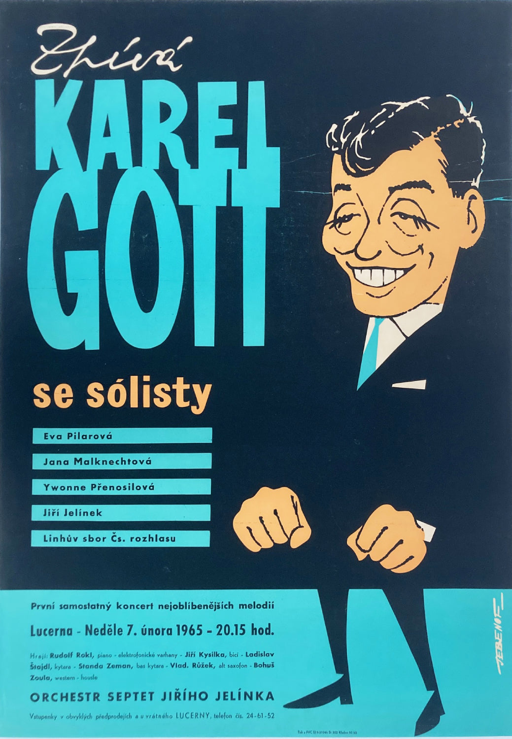 Vintage music poster featuring a cartoon illustration of Karel Gott with text in Czech