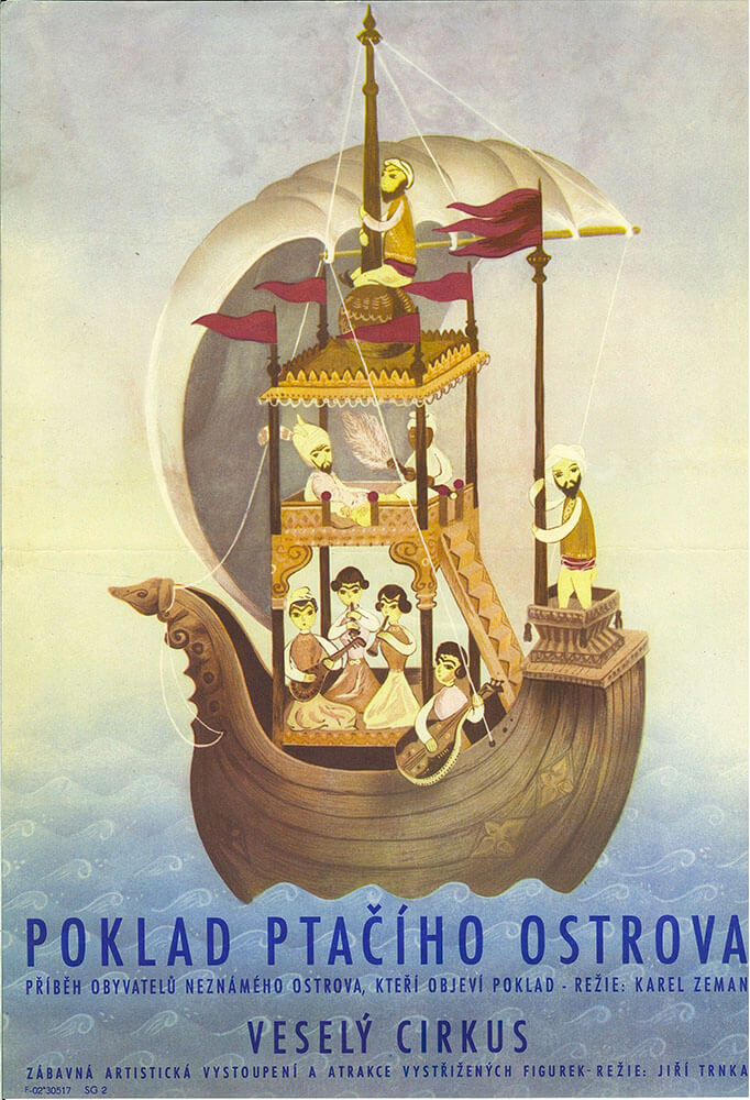 A vintage poster featuring an illustration of a ship with a group of people aboard, set against a stylized background. The ship has a fantastical design with ornate details and the title 'Poklad Ptaciho Ostrova' along with the names of the directors Jiri Trnka and Karel Zeman are visible.