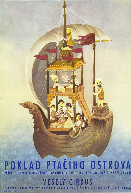 A vintage poster featuring an illustration of a ship with a group of people aboard, set against a stylized background. The ship has a fantastical design with ornate details and the title 'Poklad Ptaciho Ostrova' along with the names of the directors Jiri Trnka and Karel Zeman are visible.