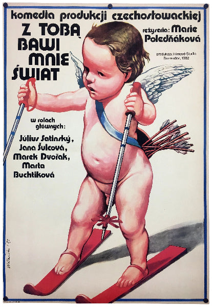 Vintage polish poster with a child on skis and wings, featuring text in a foreign language.