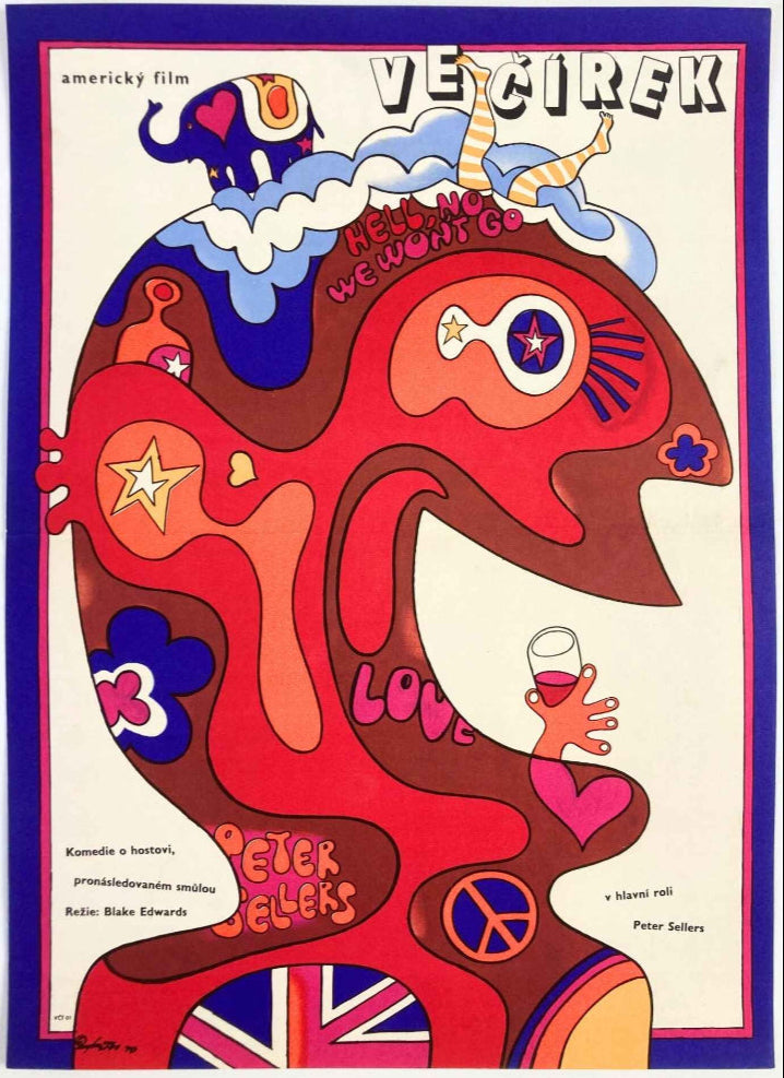 Colorful abstract design with text and symbols, featuring a fish-like shape and various shapes and colors.