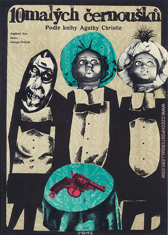 Vintage movie poster featuring three characters in formal attire with hats, set against a turquoise background with a table holding a bowl and a book.