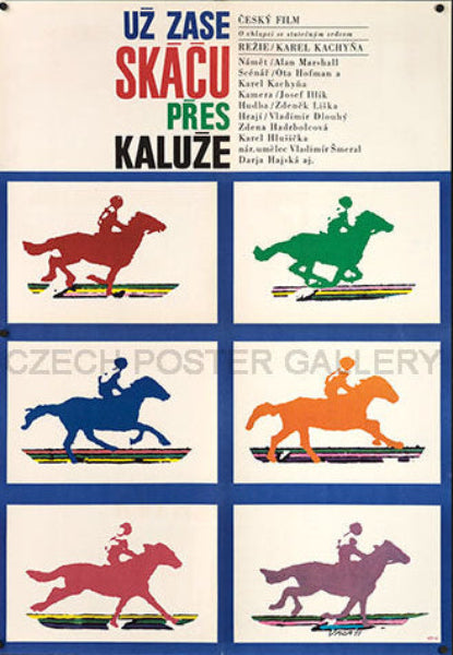 Colorful poster with silhouettes of horses and riders, featuring text in Czech.
