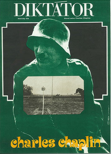 Vintage Czech movie poster for 'The Great Dictator' featuring Charles Chaplin, with a black and white photo of him in a military uniform, superimposed on a field with a bird in the foreground.