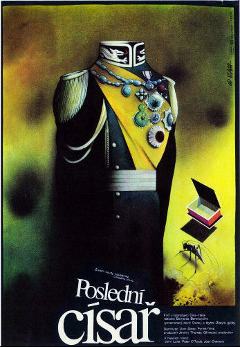 Vintage Czech movie poster for 'The Last Emperor' featuring a stylized, colorful illustration of a figure resembling a emperor wearing a decorative uniform and a crown, with a yellow tinted background. The text 'POSLEDNI CISAR' is visible at the bottom.