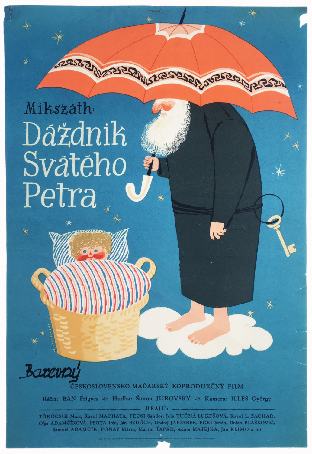 Vintage poster for the film 'St. Peter's Umbrella' featuring an illustration of a character with a large umbrella, protecting a child, against a blue starry background.