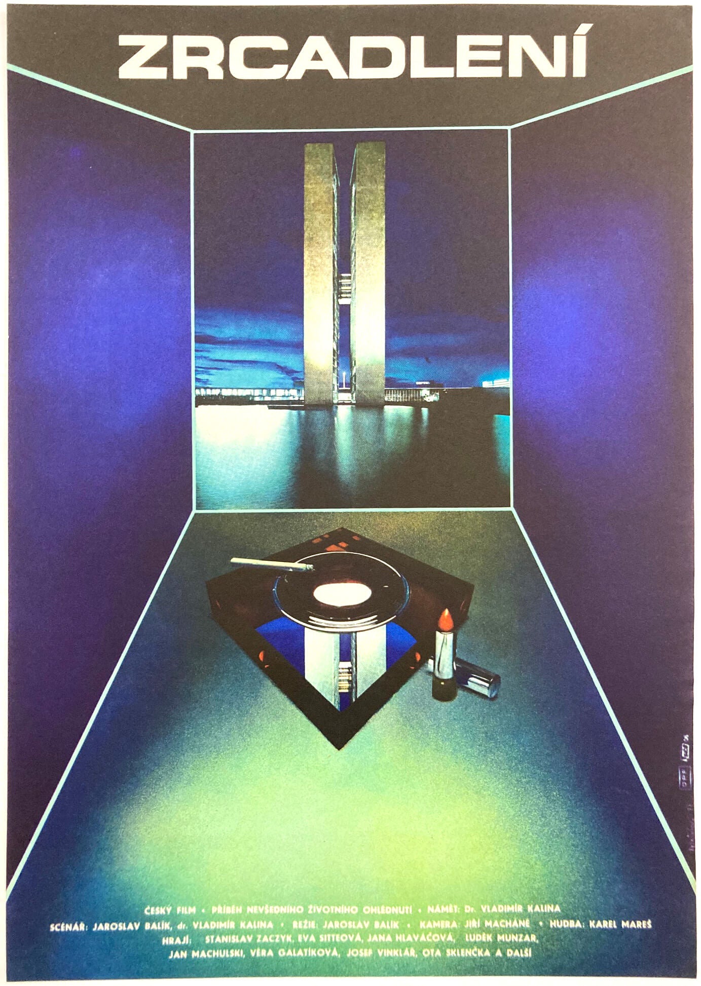 Blue and green image ashtray, cigarette and lipstick