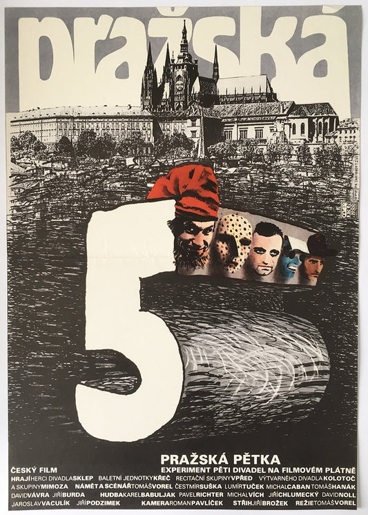 A vintage poster for the Czech film 'Prazska Pétka' featuring a stylized graphic of a cityscape and several characters, predominantly in black, red, and white colors.