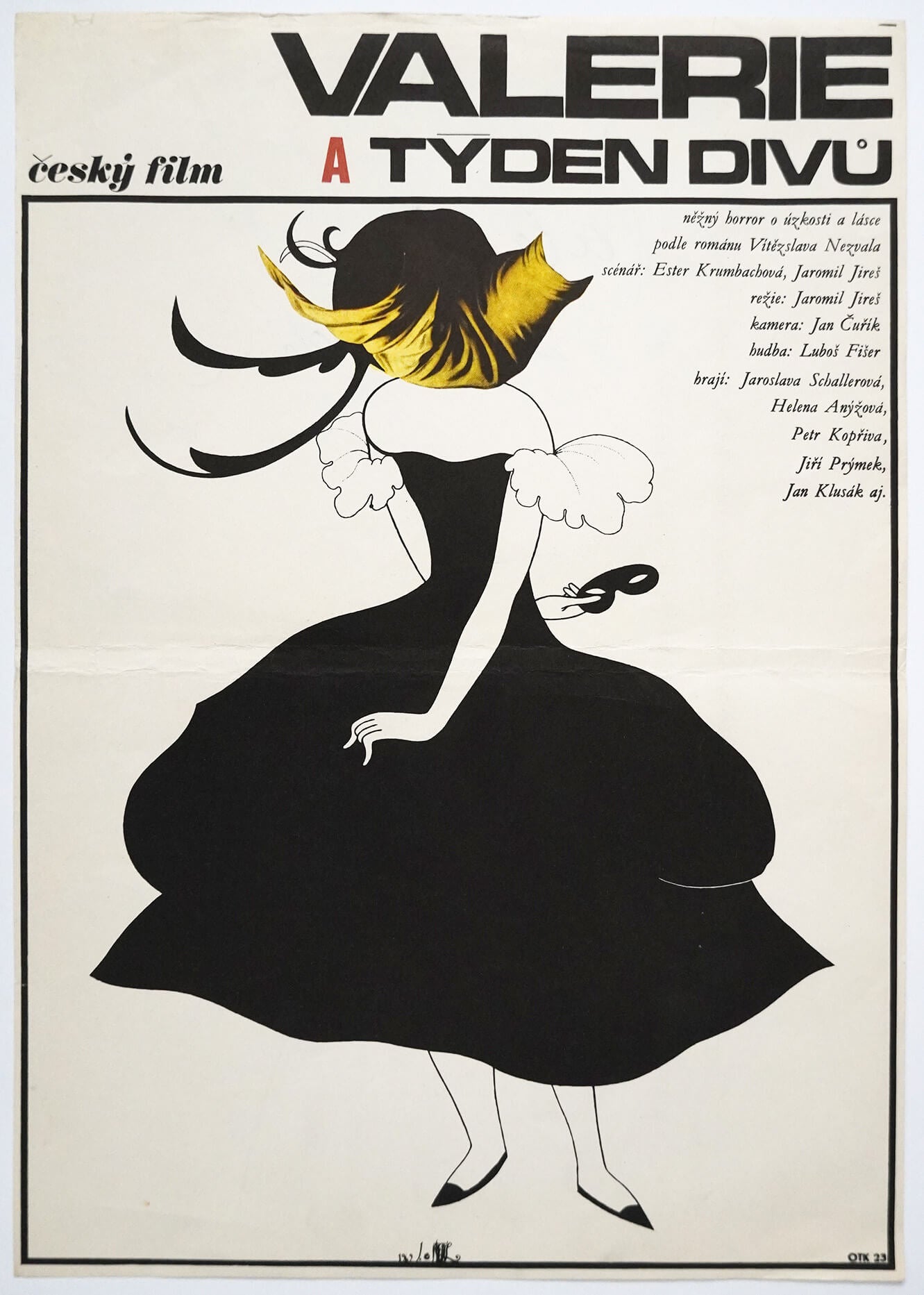 Black and white poster of the Czech film 'Valerie a tyden divu' featuring a stylized woman in a dramatic pose with a yellow flower in her hair.
