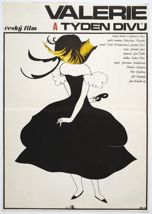 Black and white poster of the Czech film 'Valerie a tyden divu' featuring a stylized woman in a dramatic pose with a yellow flower in her hair.