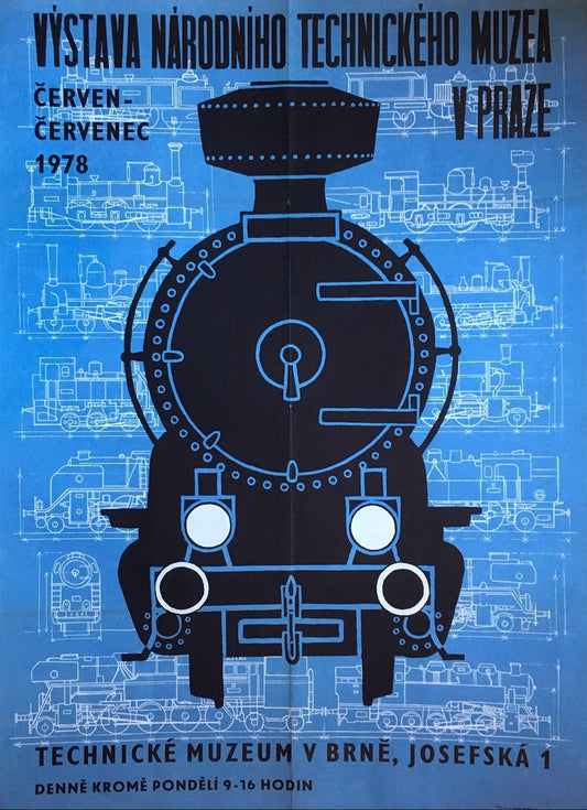 Poster of a locomotive with technical drawings on a blue background, promoting an exhibition at the National Technical Museum in Prague.