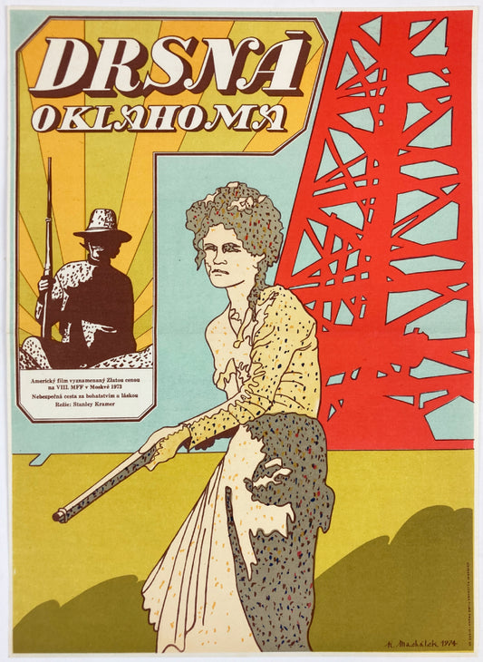 Vintage-style poster with a woman holding a rifle, a man with a gun, and text 'DRSNA Oklahoma' on a colorful background.