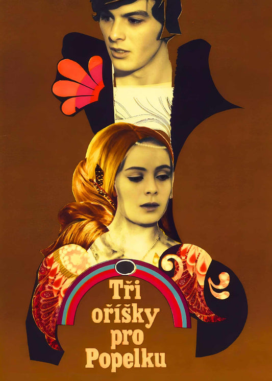 Vintage-style poster for Three Wishes for Cinderella with two characters and text on a brown background