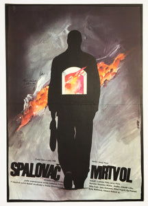 Original 1990 film poster for Czech horror The Cremator by artist Zdenek Vlach image of a man and fire - Czech Poster Gallery